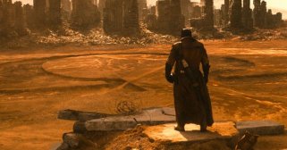 The dark antagonist looking over a rumpled city