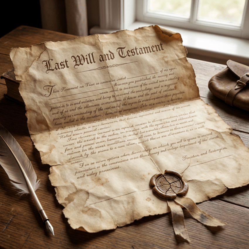 Parchment document titled Last Will and Testament with a wax seal and quill pen.