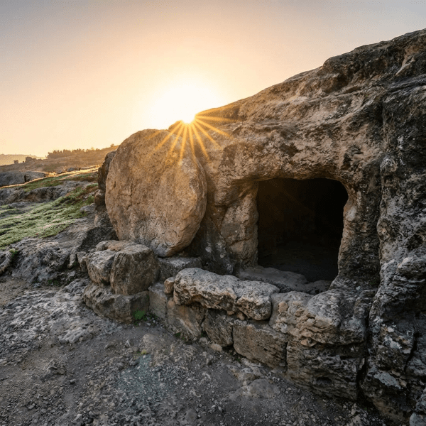 Empty stone tomb with a large round stone rolled away at sunrise.