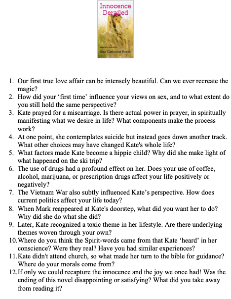 Image of a text document featuring the title 'Innocence Derailed' by Jane Catherine Roach and a series of discussion questions related to the book's themes of love, perspective, and personal choices.