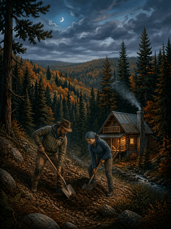 Cozy cabin with smoke from chimney in forest at dusk with mountains