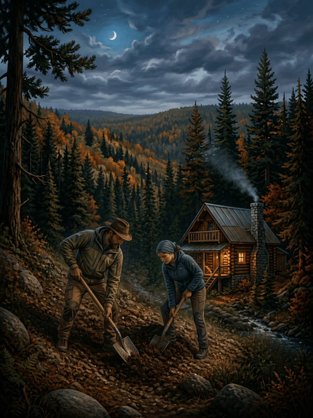 Cozy cabin with smoke from chimney in forest at dusk with mountains