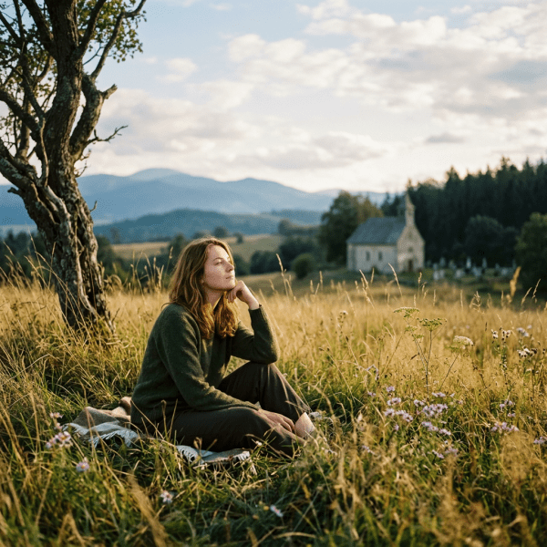 Woman sitting on a blanket in a grassy field, gazing into the distance with mountains and a church in the background